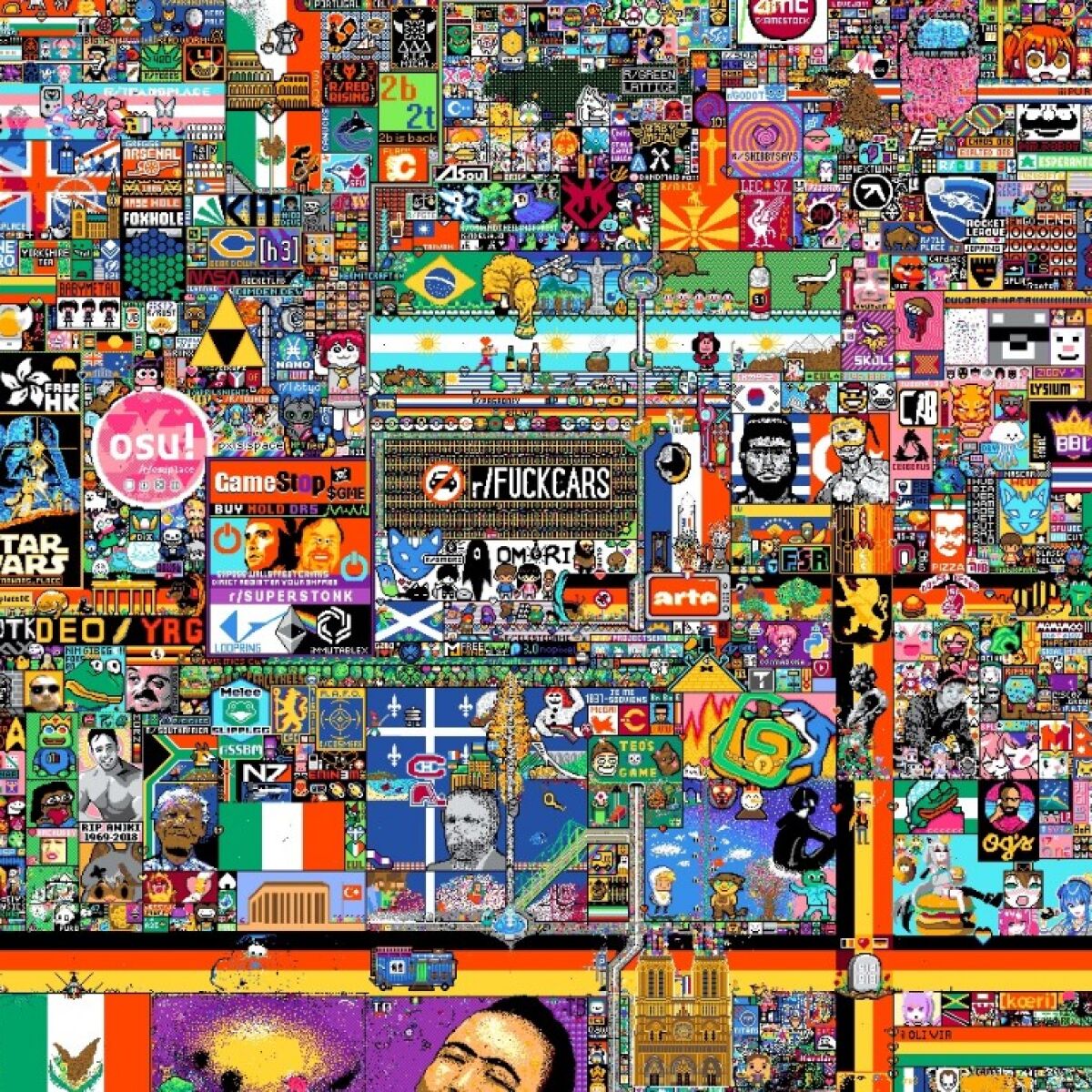 El mural de pixeles r/Place de Reddit se está vendiendo por partes como NFTs: algunas piezas por más de un millón de pesos en OpenSea